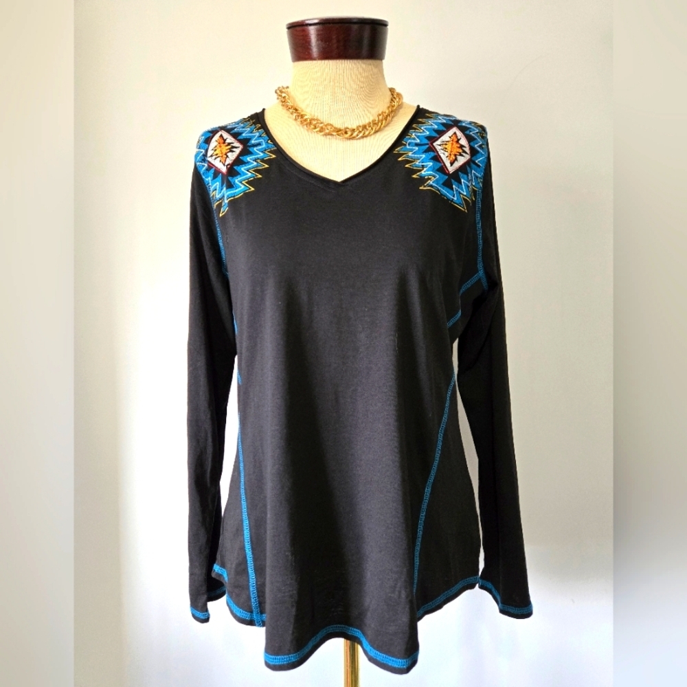 Panhandle Aztec Embroidered Lightweight Cotton Blend Southwestern Top. Large